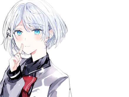 HD PC desktop wallpaper featuring Siesta from the anime The Detective Is Already Dead, showcasing her with silver hair and bright blue eyes against a white background.
