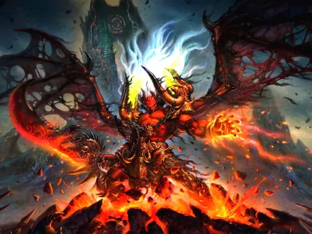 A fiery demonic figure from Warcraft, with glowing eyes and large wings, stands amid a chaotic, burning landscape in this HD desktop wallpaper and background.