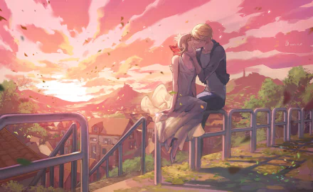 Anime HD desktop wallpaper from Kaguya-sama: Love is War featuring Miyuki Shirogane and Kaguya Shinomiya sharing a kiss against a vibrant sunset scenery.