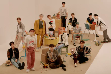 HD desktop wallpaper featuring a group of stylish individuals posing in a coordinated fashion, evoking the essence of the tag 'Seventeen'.