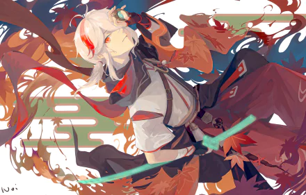 HD PC desktop wallpaper featuring Kaedehara Kazuha from the video game Genshin Impact, showcasing dynamic motion with vibrant colors and flowing elements.