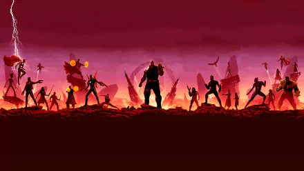 4K Ultra HD Avengers: Infinity War desktop wallpaper featuring silhouetted heroes against a fiery red sky and battlefield backdrop.