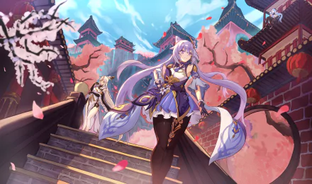 4K Ultra HD PC desktop wallpaper featuring Ningguang and Keqing from Genshin Impact in a vibrant, detailed setting with cherry blossoms and traditional architecture.