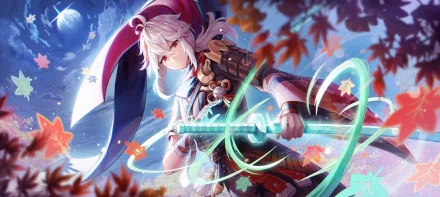 HD PC desktop wallpaper featuring Kaedehara Kazuha from Genshin Impact, showcasing him with a glowing sword amid swirling autumn leaves and a vibrant, dynamic background.