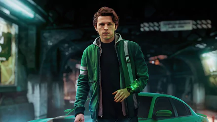 High-resolution 4K wallpaper featuring actor Tom Holland styled as superhero Ben Tennyson from Ben 10, set against a moody urban nighttime backdrop.