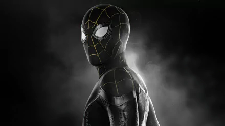 4K Ultra HD wallpaper featuring Spider-Man in his black suit from the movie Spider-Man: No Way Home, set against a dark, smoky background.