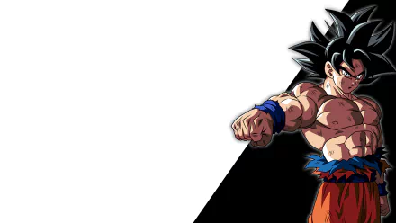 Anime HD PC desktop wallpaper of Goku from Dragon Ball Super, battle-ready, right-aligned on a diagonal black-and-white background, clenched fist and intense gaze.
