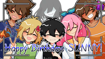 HD PC desktop wallpaper of Sunny from the video game OMORI, surrounded by Mari, Hero, Kel, Aubrey and Basil, all smiling in a colorful birthday illustration reading Happy Birthday, SUNNY.