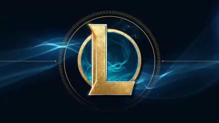 HD PC desktop wallpaper featuring the golden L logo of League of Legends with blue smoky effects on a dark background.