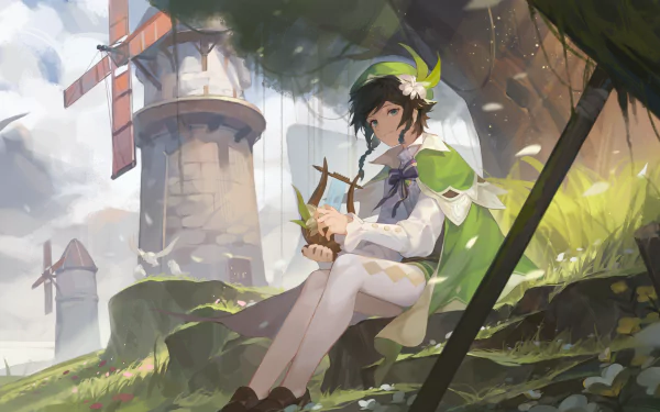 Venti from Genshin Impact sits playing a lyre under a tree near windmills in a vibrant 4K Ultra HD video game desktop wallpaper.