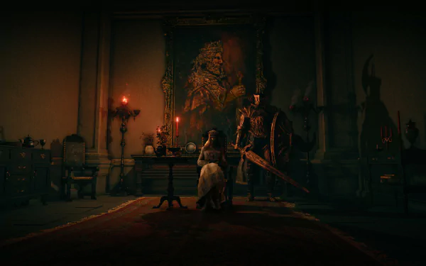 4K Ultra HD Elden Ring PC wallpaper depicting a dimly lit, eerie room with a seated figure, a standing armored character with a sword, and a large painting in the background.