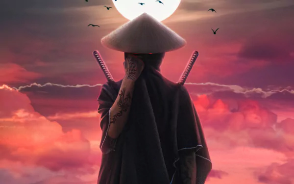 A fantasy warrior ninja wearing an Asian conical hat with visible tattoos, standing against a dramatic sunset sky with a full moon and birds flying.