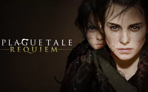 HD desktop wallpaper of Hugo and Amicia de Rune from the video game A Plague Tale: Requiem, featuring a dark, intense close-up with the game title on the left.