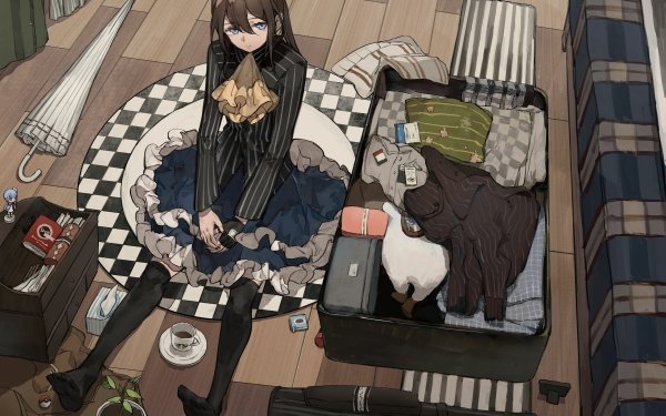 Anime Girl Brown Hair Blue Eyes Umbrella HD Wallpaper | Background Image