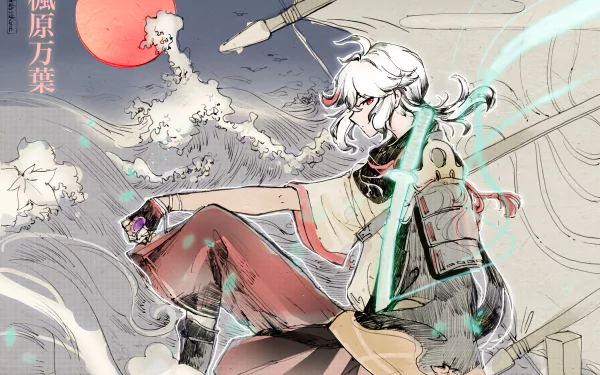 A HD desktop wallpaper featuring Kaedehara Kazuha from the video game Genshin Impact, showcasing the character against a dynamic background with a red moon and cloudy sky.