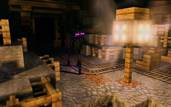 HD Minecraft wallpaper featuring an Enderman in a dimly lit mineshaft with glowing blocks and wooden structures.