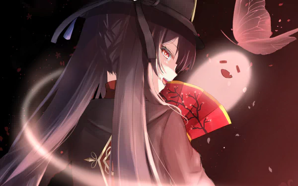HD PC desktop wallpaper featuring Hu Tao from the video game Genshin Impact, showcasing her vibrant design with a glowing butterfly and eerie ghostly elements.