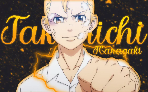 HD PC desktop wallpaper featuring Takemichi Hanagaki from Tokyo Revengers with glowing orange accents and his name highlighted in bold, stylized text.