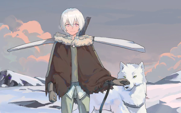 HD anime desktop wallpaper featuring Fushi and Joan from To Your Eternity standing together in a snowy landscape with a large white wolf.