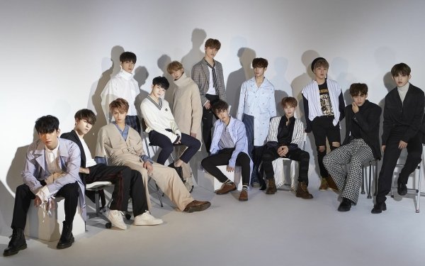 HD desktop wallpaper featuring a stylish group of thirteen individuals posing against a light background, tagged as Seventeen.