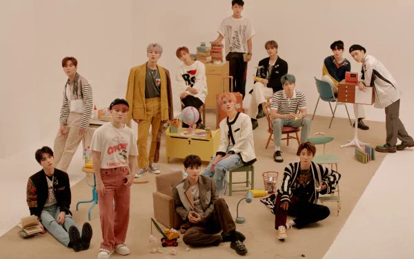 HD desktop wallpaper featuring a group of stylish individuals posing in a coordinated fashion, evoking the essence of the tag 'Seventeen'.