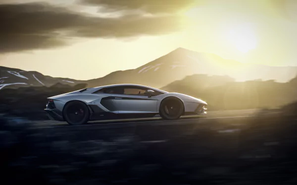 Silver Lamborghini Aventador LP 780-4 Ultimae supercar on a mountain road at sunrise, dramatic lighting — 4K Ultra HD PC desktop wallpaper background.
