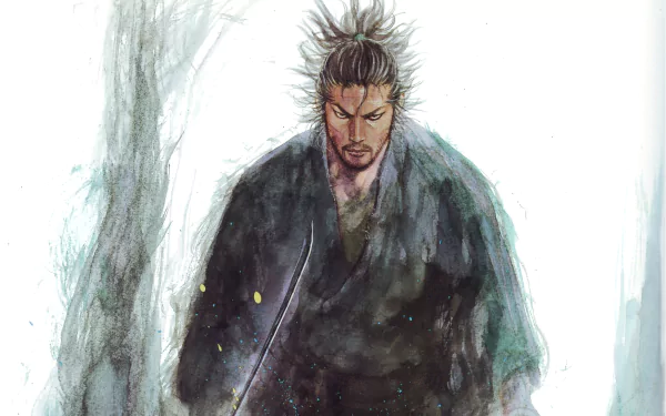 Anime Vagabond: lone samurai with topknot and drawn katana in ink-wash watercolor style, 2K Quad HD PC desktop wallpaper/background.