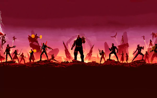 4K Ultra HD Avengers: Infinity War desktop wallpaper featuring silhouetted heroes against a fiery red sky and battlefield backdrop.