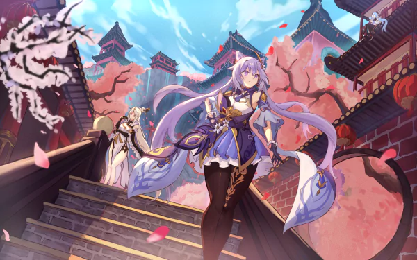 4K Ultra HD PC desktop wallpaper featuring Ningguang and Keqing from Genshin Impact in a vibrant, detailed setting with cherry blossoms and traditional architecture.