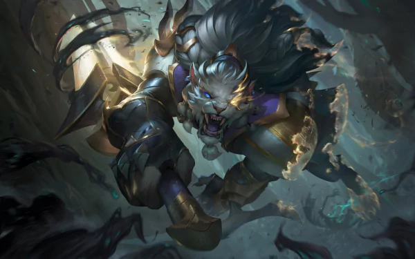 Rengar (League of Legends) lunges through shadowed ruins, claws and blades bared in a dynamic 4K Ultra HD PC desktop wallpaper from the video game League of Legends.