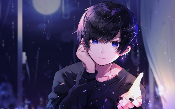Anime Boy Short Hair Black Hair Earrings Blue Eyes HD Wallpaper | Background Image