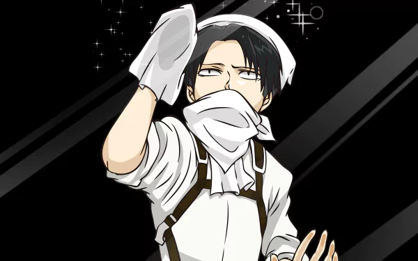 HD desktop wallpaper featuring Levi Ackerman from Attack on Titan, styled in a cleaning outfit against a black background.
