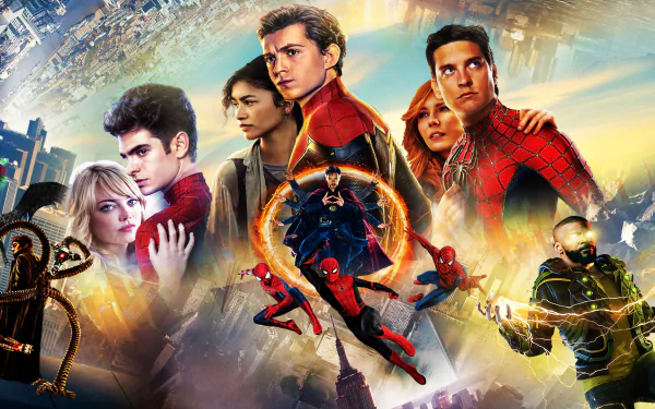 HD desktop wallpaper and background featuring characters from the movie Spider-Man: No Way Home, including multiple Spider-Men, Doctor Strange, and key villains in a dynamic, colorful collage.
