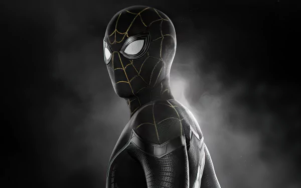 4K Ultra HD wallpaper featuring Spider-Man in his black suit from the movie Spider-Man: No Way Home, set against a dark, smoky background.
