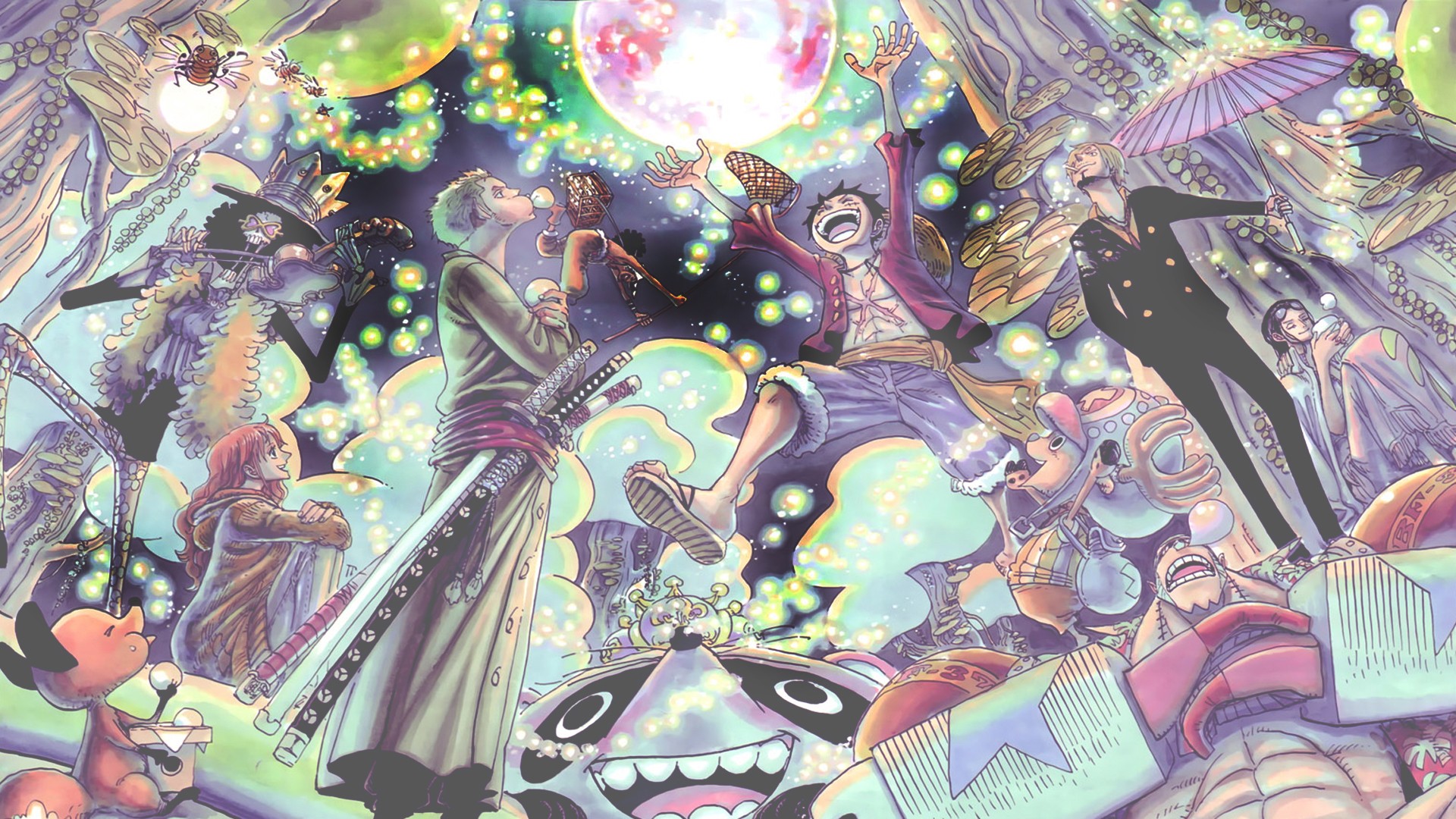 Anime characters from One Piece: Brook, Nami, Zoro, Usopp, Luffy, Chopper, Sanji, Franky, and Robin.