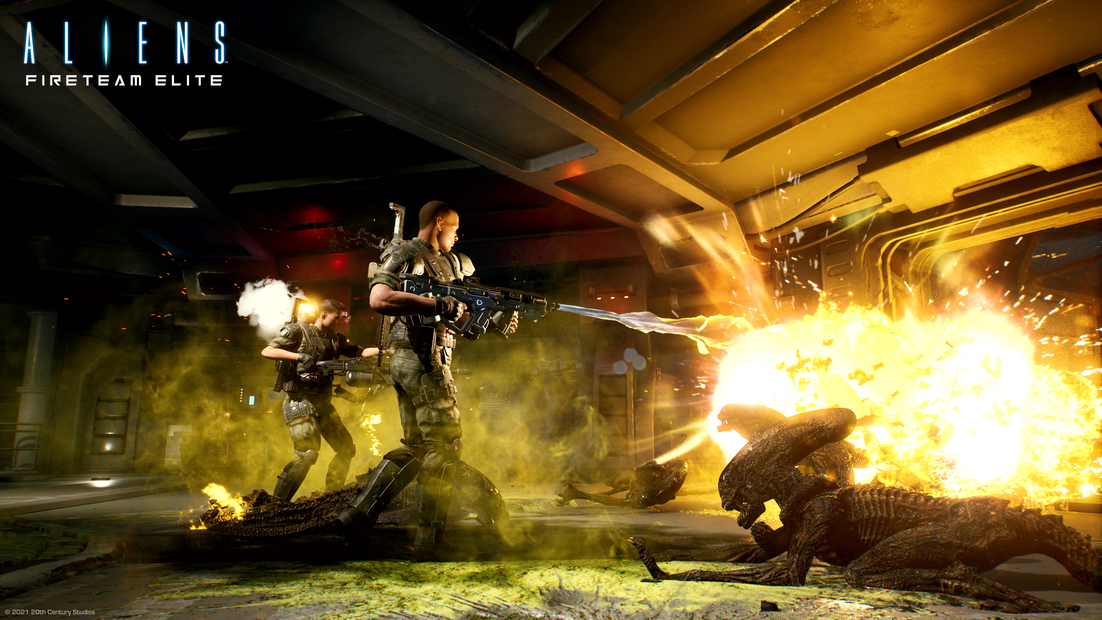 HD wallpaper of Aliens: Fireteam Elite featuring soldiers in combat with alien creatures, showcasing explosive action and detailed graphics suitable for desktop backgrounds.