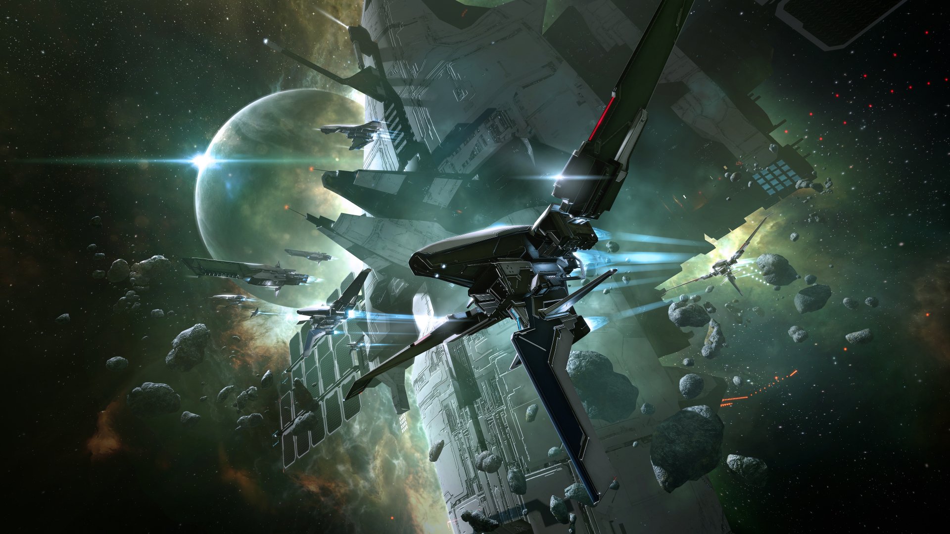 HD desktop wallpaper featuring a dynamic space battle scene from EVE Online video game with ships and distant planets.
