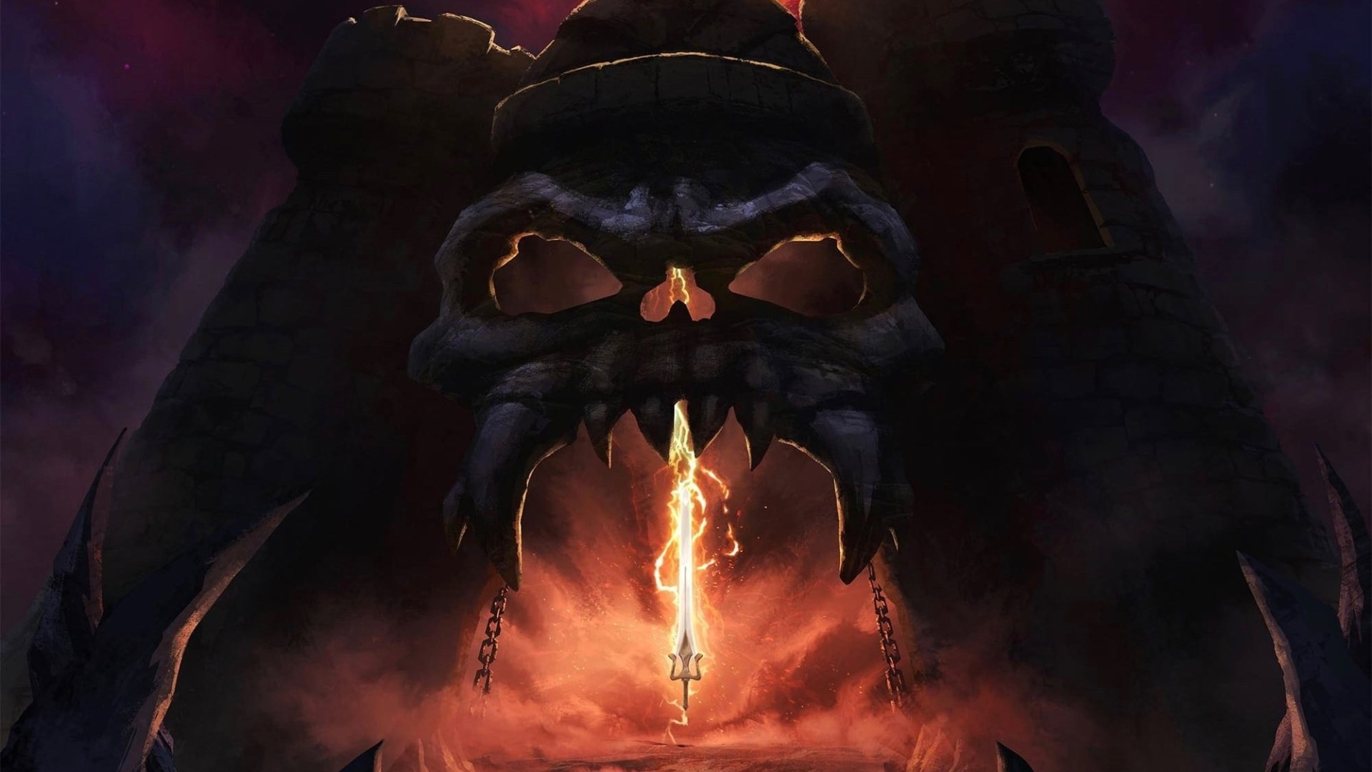HD PC desktop wallpaper/background from the TV show Masters of the Universe: Revelation — a towering skull fortress with a blazing sword thrust into its fiery maw, flanked by shadowed towers and chains.