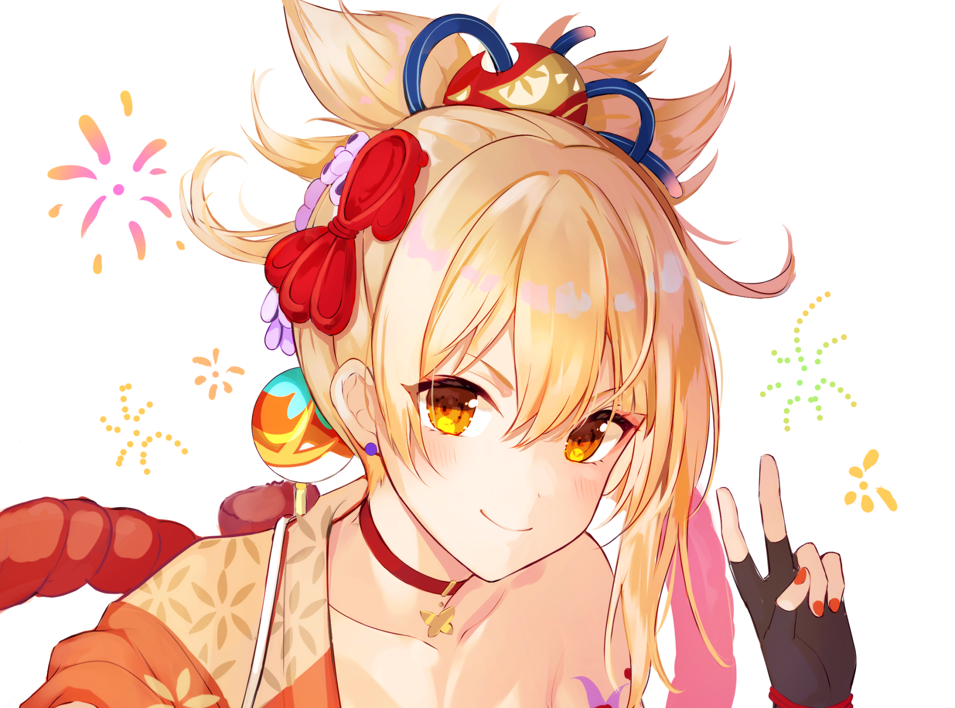 HD PC desktop wallpaper featuring Yoimiya from the video game Genshin Impact, showcasing her bright and cheerful character design with festive background elements.