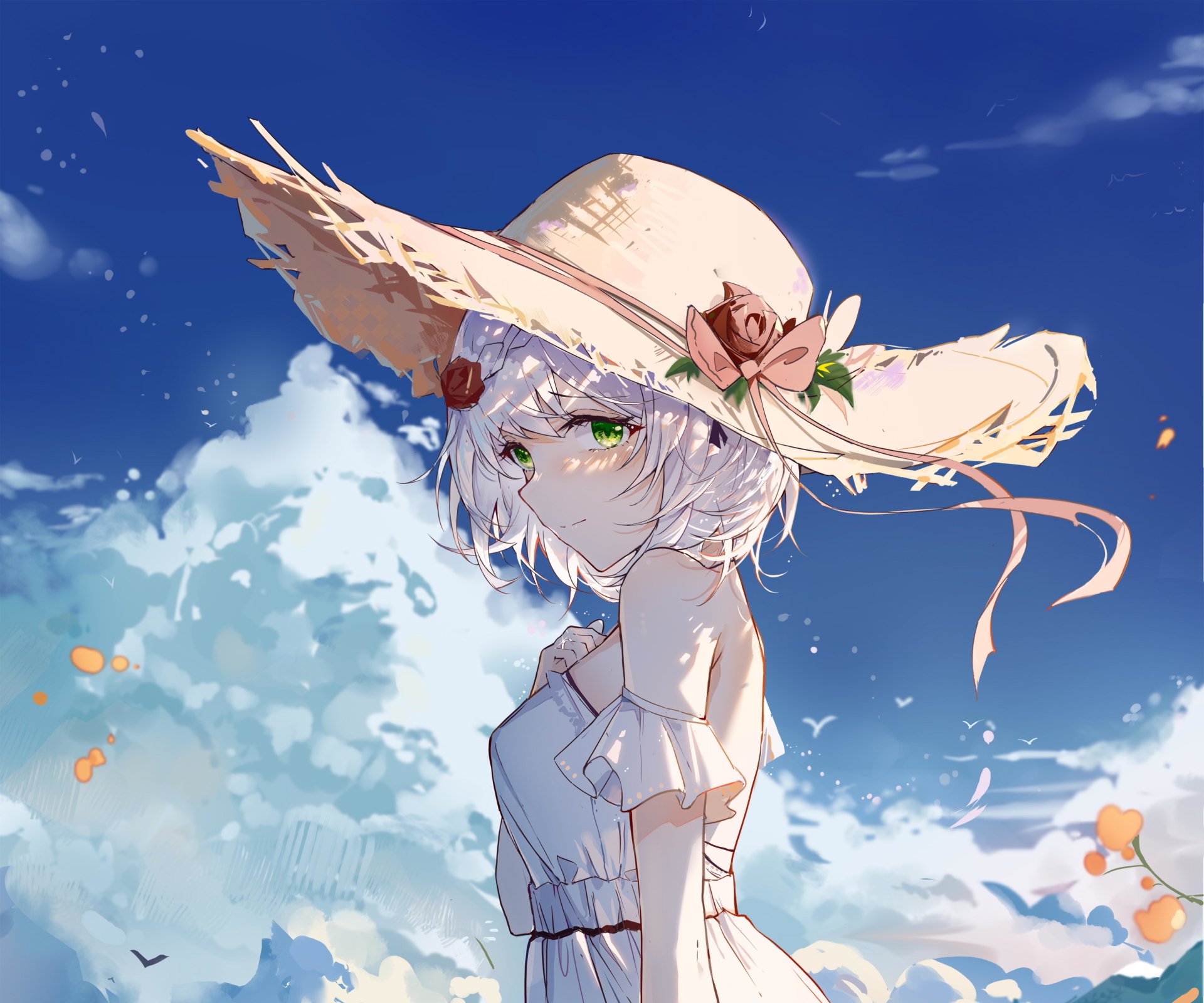 HD desktop wallpaper featuring Noelle from the video game Genshin Impact, in a serene outdoor setting with a blue sky backdrop, wearing a sun hat adorned with flowers.