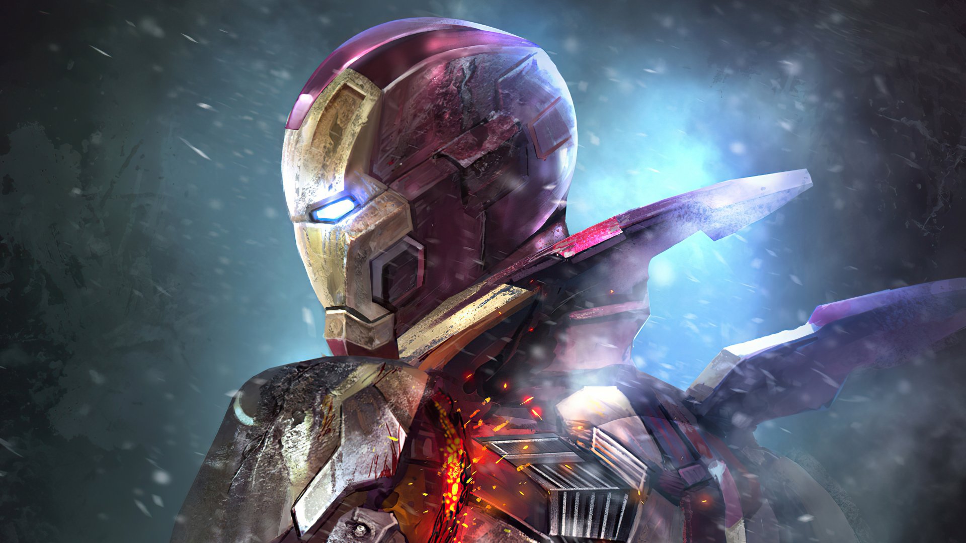 A dynamic 4K Ultra HD comic-style wallpaper featuring Iron Man, glowing with energy and detailed metallic armor against a dramatic, smoky background.