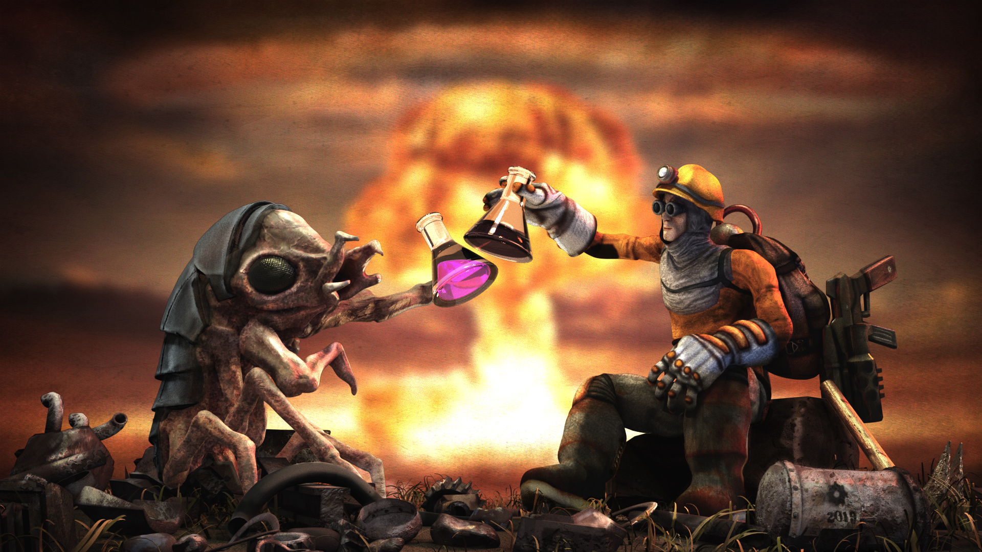 Factorio video game HD PC desktop wallpaper: hazmat-clad engineer in a gas mask offers a glowing vial to a small alien creature while a massive mushroom cloud erupts in the background.
