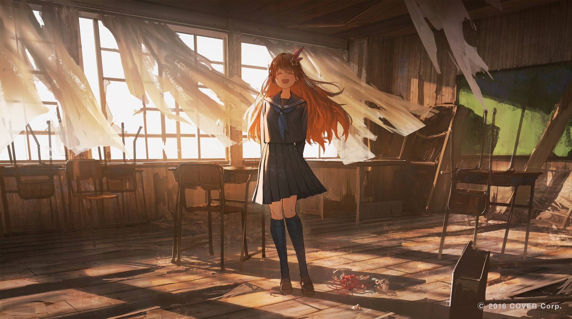 HD anime-style wallpaper featuring Tokino Sora from Hololive in a school uniform, standing in a sunlit, worn classroom as a virtual YouTuber.