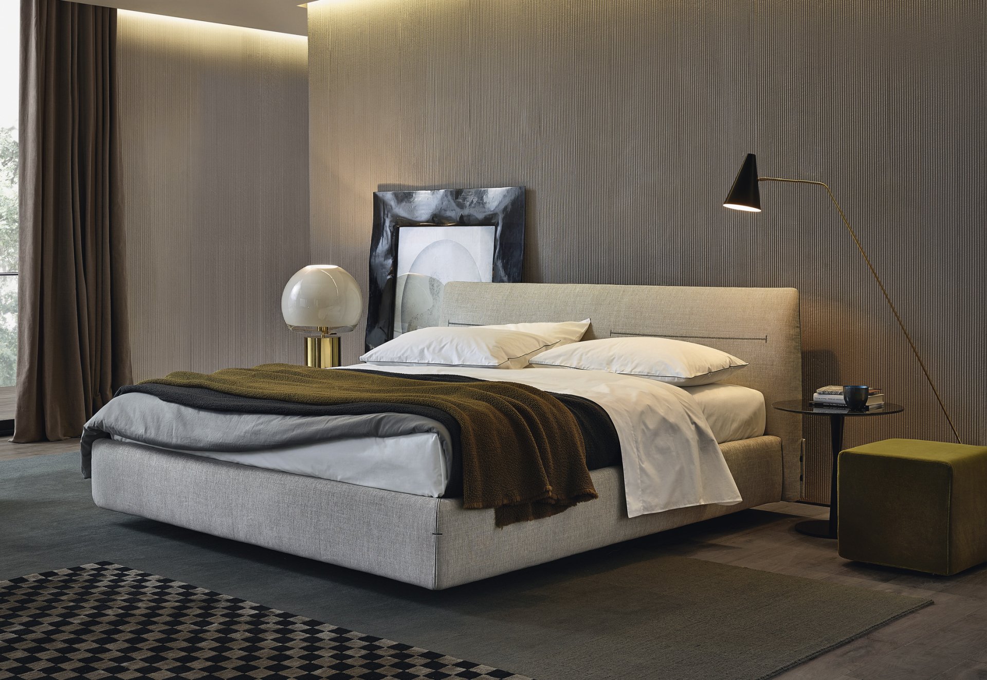Stylish modern bedroom with elegant bedding and contemporary decor for HD desktop wallpaper background.