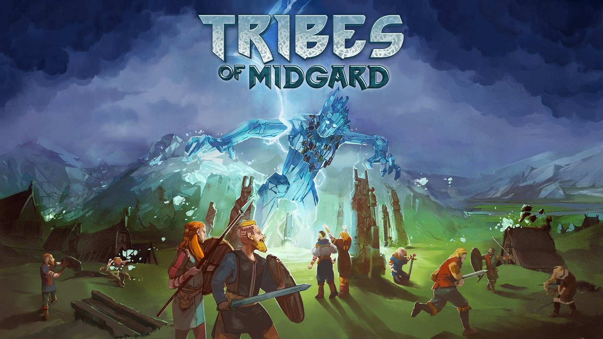 HD wallpaper featuring Tribes of Midgard game art with characters and a giant for desktop background.