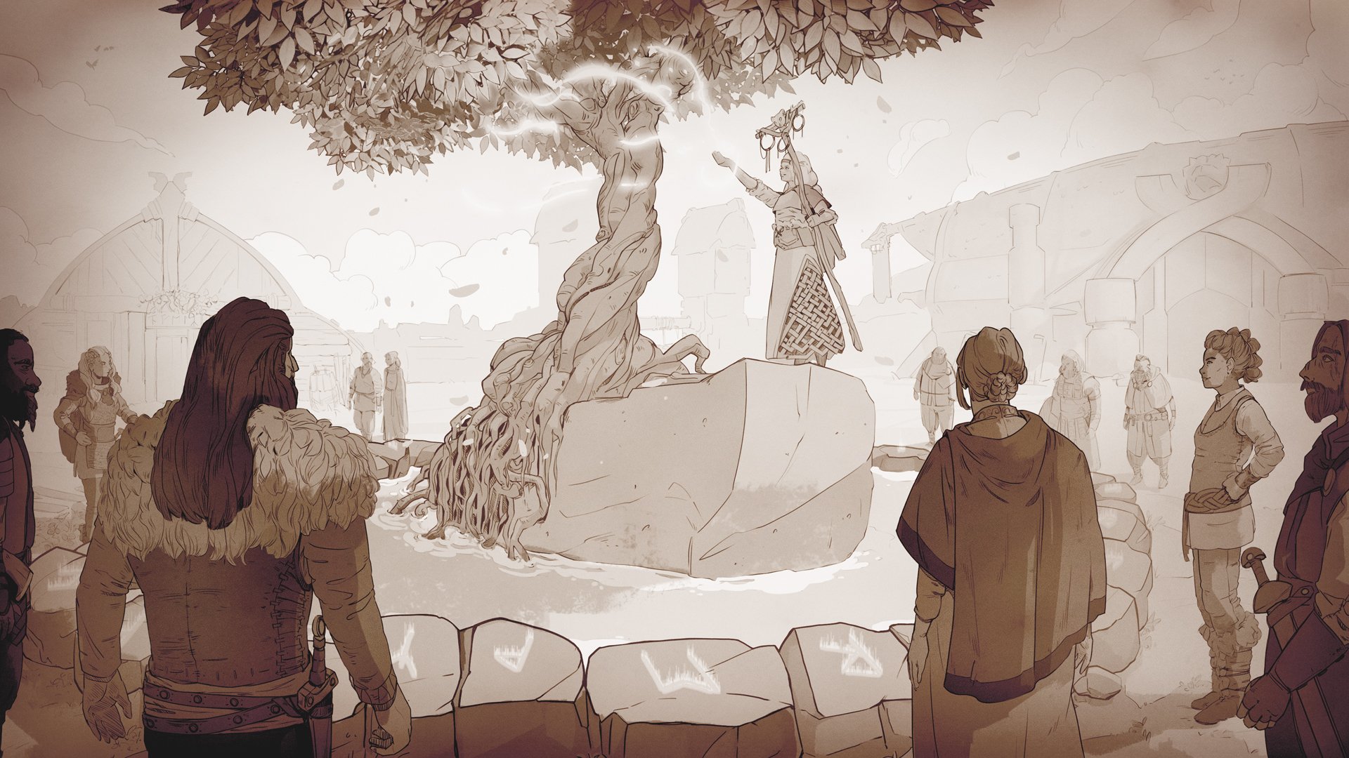 HD wallpaper featuring a sepia-toned scene from Tribes of Midgard, displaying characters witnessing a ritual around a mystical tree.