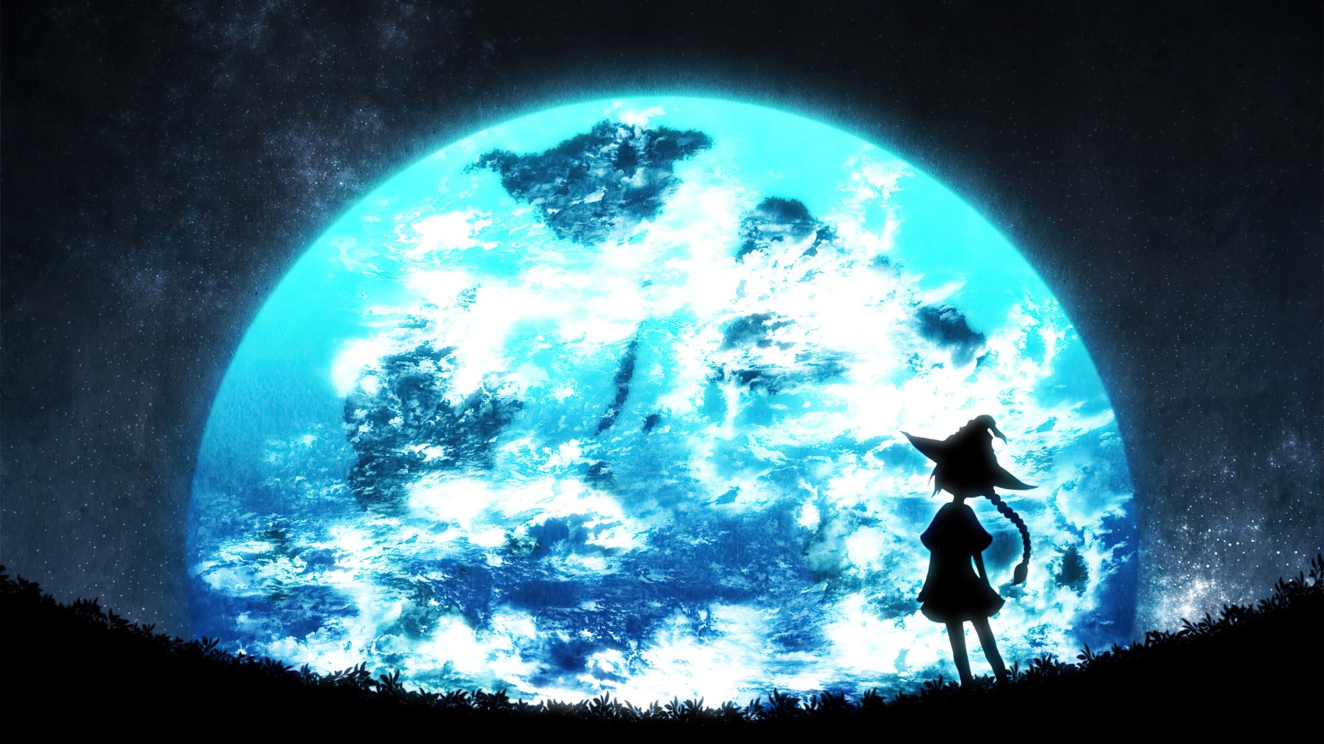 Anime Halloween scene with a silhouetted witch girl standing against a glowing blue full moon in a 4K Ultra HD PC desktop wallpaper background.
