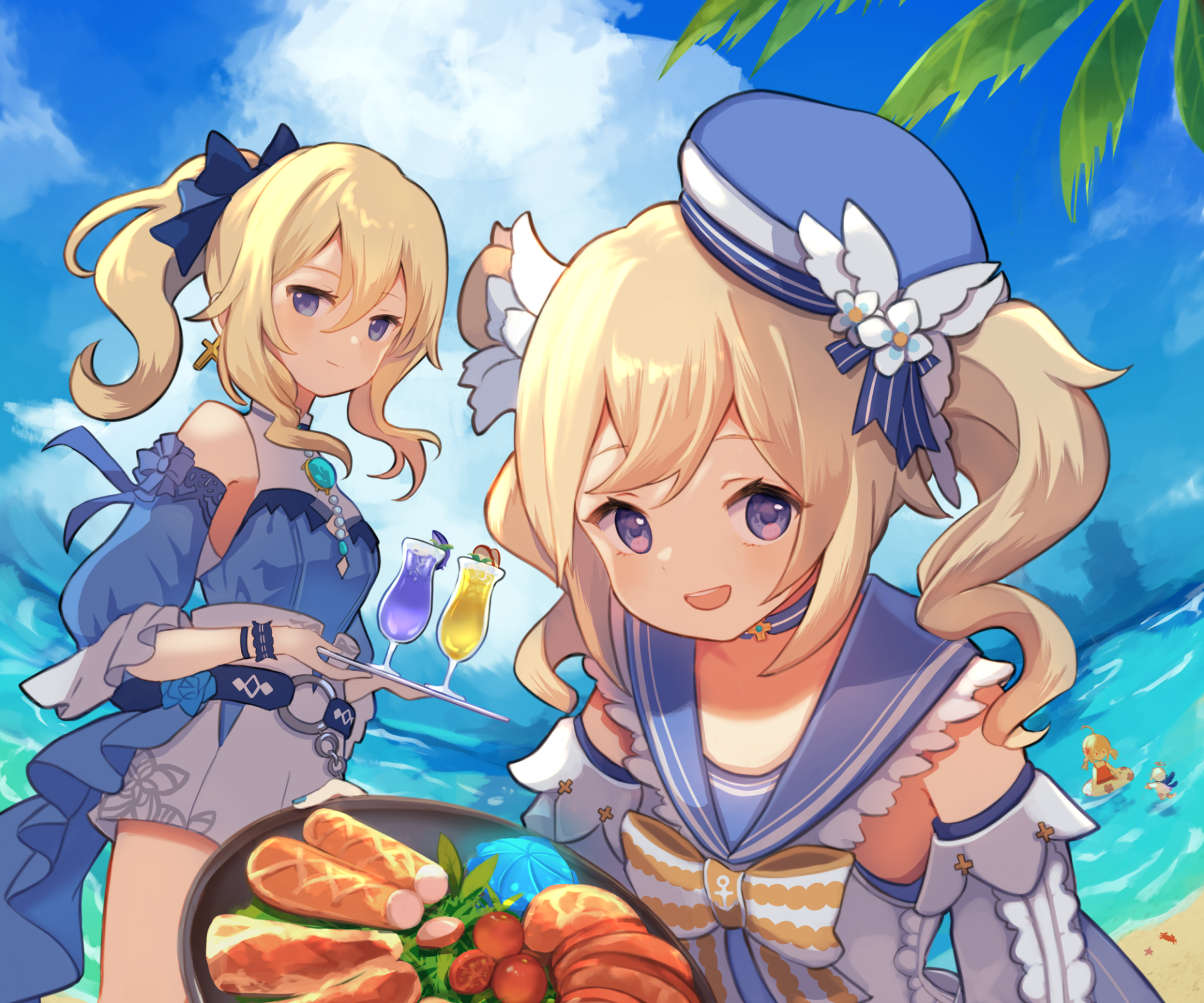 HD PC desktop wallpaper of Genshin Impact: Barbara and Jean in summery outfits with Paimon floating nearby, vibrant tropical beach background — video game artwork