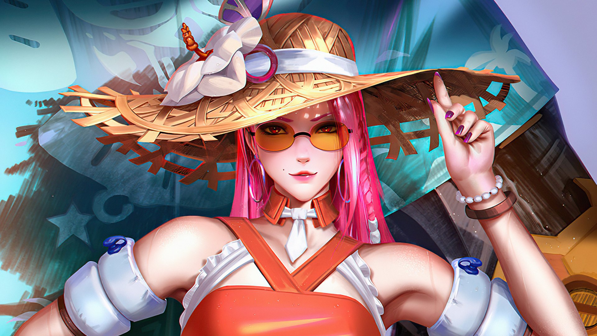 HD PC wallpaper: Ashe from the video game Overwatch in a straw sun hat and sunglasses, pink hair and red halter top, flashing a peace sign against a vibrant beach-themed backdrop.