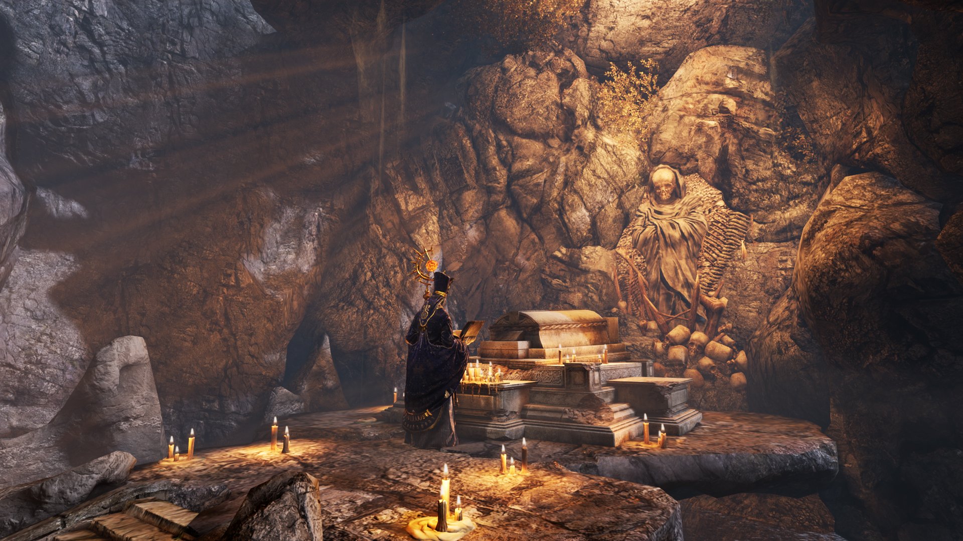 HD desktop wallpaper featuring a scene from Bless Unleashed game with a character standing in a dimly lit, mysterious cave with candles and ancient statues.